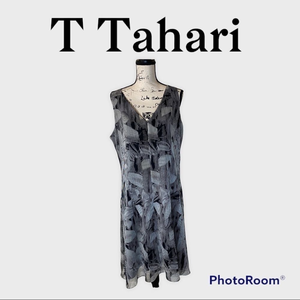 T-Tahari Black & White V-Neck Sleeveless Midi Dress (L)